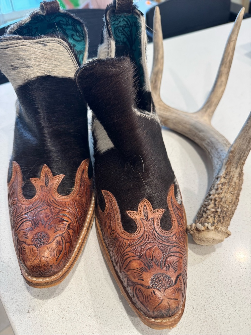 Women’s Brown and Black Leather Cowhide Western Ankle Boots